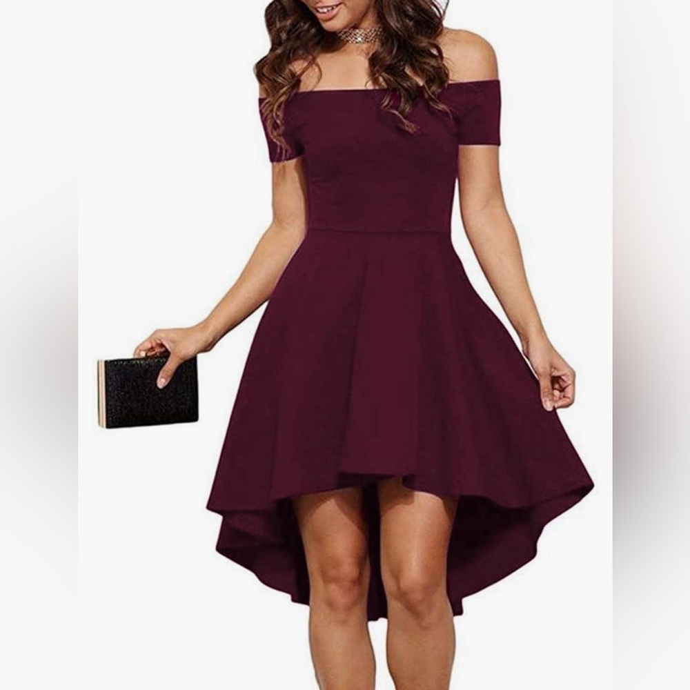NWT Sarin Mathews Burgandy Off The Shoulder Short Sleeve High Low Cocktail Dress